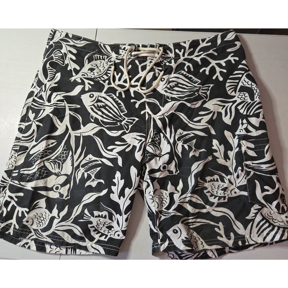 Polo Ralph Lauren Board Shorts Swimwear Mens Sz 38 Black White Hawaiian Trunks